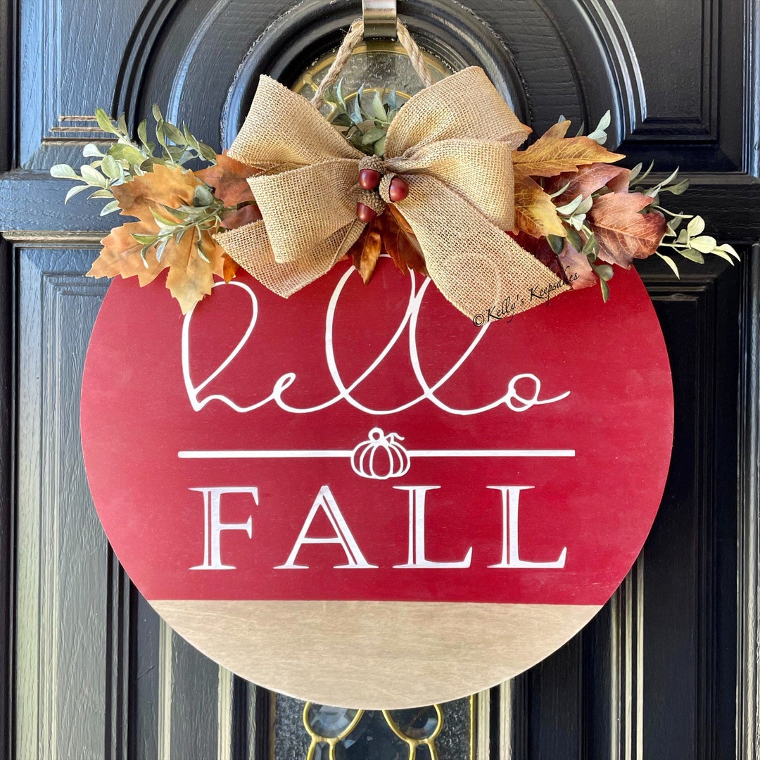 Front Door Decor Hello Fall Door Sign Fall Doorhanger Hello Etsy