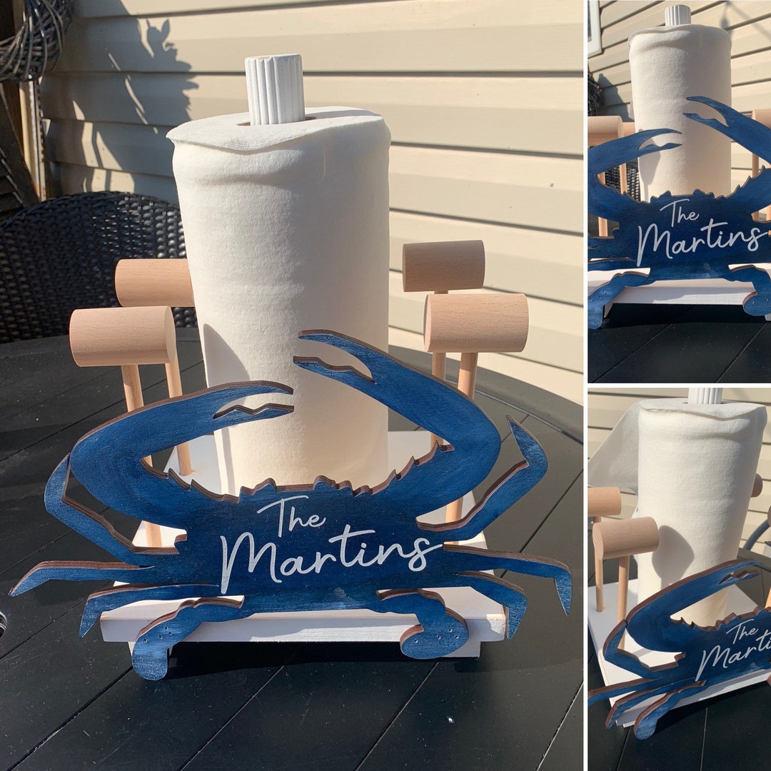 Personalized Handpainted Crab Mallet and Paper Towel Holder, Beach