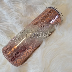 Custom Personalized Leopard print rose gold glitter tumbler bling with rhinestones