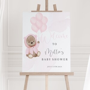 Editable Bear Baby Shower Welcome Sign, Pink Teddy Bear Welcome Baby Shower Poster, Printable Welcome Board Instant Download Template BP2