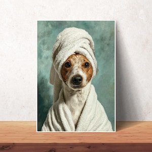 Funny Custom Pet Portrait Photo Bathroom Art, Dog Wall Art Home Decor, Pet in Bathtub, Dog Reading Newspaper Personalized Pet Gift