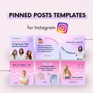 Puede incluir: Un conjunto de tres plantillas de publicaciones de Instagram para una marca de belleza llamada Rose Cosmetics. La primera publicación presenta a tres mujeres y el texto "Rose Cosmetics bringing you high quality skincare!" La segunda publicación presenta a una mujer y el texto "We are a skincare brand bringing you the best products for your glowing skin!" La tercera publicación presenta a una mujer y el texto "Shop online using the link in our bio!"
