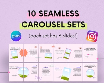 Könnte beinhalten: Eine Grafik mit 10 Sätzen von Instagram-Karussellvorlagen, jede mit 6 Folien. Die Vorlagen zeigen eine grüne und blaue Landschaft mit einer weißen Wolke. Der Text "10 NAHTLOSE KARUSSELL-SÄTZE (jeder Satz hat 6 Folien!)" befindet sich oben auf der Grafik. Der Text "Perfekt für Instagram" befindet sich unten links auf der Grafik. Der Text "Anpassbar in Canva" befindet sich unten rechts auf der Grafik.