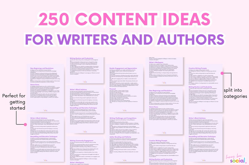 May include: A pink and purple graphic with the text "250 CONTENT IDEAS FOR WRITERS AND AUTHORS" and a grid of 10 white cards with text on each card. The cards are divided into categories such as "Writer's Block Solutions", "Storytelling and Narrative Techniques", "Writing Routine and Productivity", and "Creative Writing Prompts".