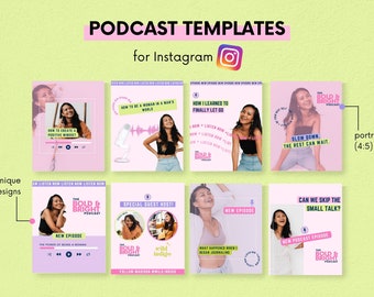 May include: A set of 20 unique Instagram post templates for podcasts. The templates feature a pink and purple color scheme with a variety of designs, including a microphone, a woman's face, and text that says "The Bold & Bright Podcast".