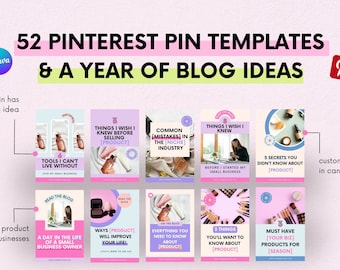 52 Pinterest Templates & Blog Ideas | Canva Templates | Pinterest Pins | Blogger Templates | Digital Download | Small Business Templates