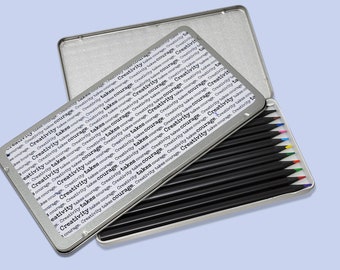 Art Set, 12 colored pencils, Metal Tin box, Henri Matisse Quote “Creativity takes courage.”  illustration