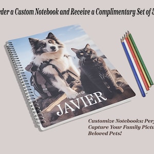 May include: A spiral bound notebook with a photo of a dog and cat on a mountain. The notebook cover says "Property of Javier". The notebook comes with a set of five colored pencils.
