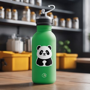 May include: A green reusable water bottle with a black lid and a panda bear graphic. The bottle has a carrying loop and a sticker that says "World Wildlife Fund".