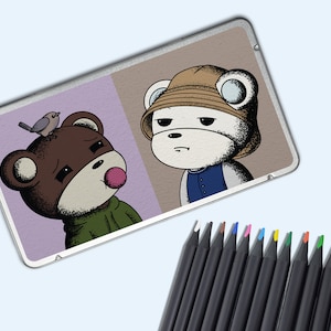 Juego de 12 lápices de colores, lata plateada para colorear con diseño "Más osos", adorable caja de lata para amantes del arte,