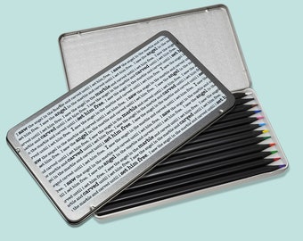 12 Colored Pencils in Michelangelo Quote Art Tin - Vibrant Drawing Set for Artists - Creative Gift for Art Lovers