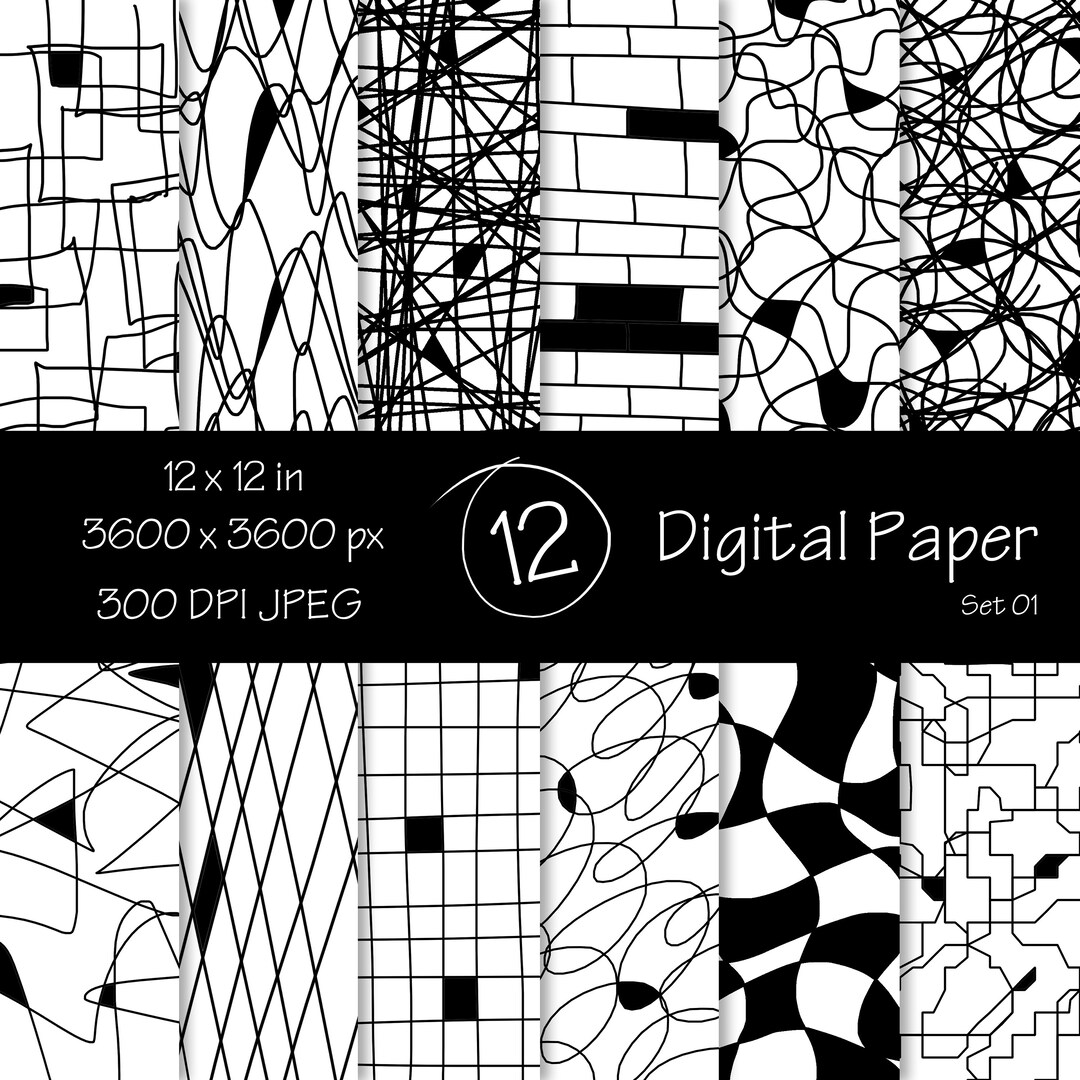 Black and White Digital Paper, Doodle Digital Paper, Scrapbooking ...