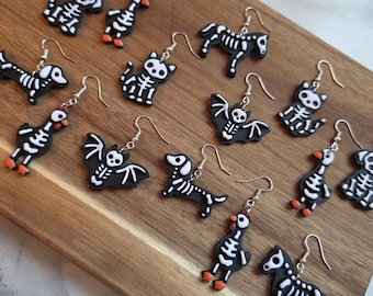 Skeleton Animal Earrings | Handmade Polymer Clay Fall and Halloween Jewelry | Animal Lover Gift
