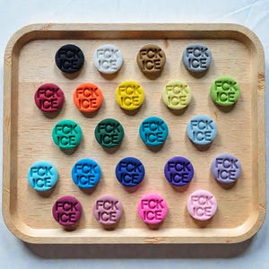 May include: A wooden tray holds an assortment of colorful, circular objects. Each object is a different color and has the text "FCK ICE" printed on it. Colors include black, white, brown, grey, red, orange, yellow, green, teal, blue, purple, pink, and light pink.