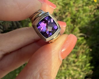 David Yurman Noblesse Amethyst Ring Sterling Silver 14K Gold Cable Size 6 Designer Jewelry