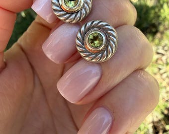 David Yurman Cookie Stud Earrings – Sterling Silver & 14K Gold with Peridot – 11.6mm