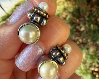 Lagos Caviar Sterling Silver 925 18K Yellow Gold Cultured Pearl Drop Earrings
