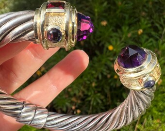 David Yurman Silver/14K Renaissance Cuff Bracelet Amethyst ,Garnet,Iolite. 10mm