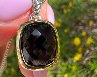 David Yurman Sterling Silver Pendant Necklace Smoky Topaz with 925/18k Bezel