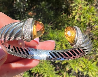 David Yurman Sterling 18k Waverly Flex Cuff Bracelet Citrine & Diamonds