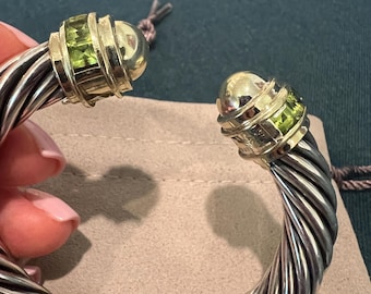 David Yurman Sterling Silver & 14k Gold Peridot Hinged Cuff Bracelet