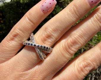 David Yurman 925 Sterling Silver Diamond Crossover Band Ring