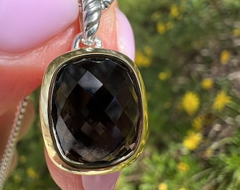 David Yurman Smoky Topaz Pendant Necklace | Sterling Silver & 18K Gold Bezel  7.45 CTW