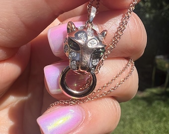 Effy 14k Rose Gold Green Tsavorite and Diamond Panther Pendant Necklace