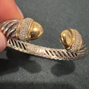 David Yurman Waverly Flex Cuff Bracelet Sterling Silver 18k Gold with Diamonds | Designer Luxury Jewelry Gift | Size 6.75