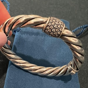 David Yurman Mélange Diamond Cable Bracelet – Sterling Silver 10mm with Pavé Diamond Station – 43g Designer Jewelry