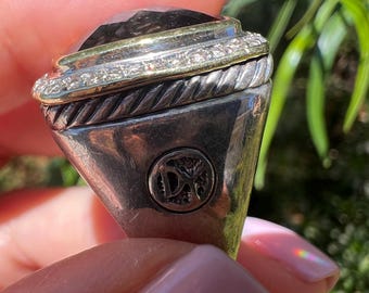 David Yurman Sterling & 18k Gold Smoky Quartz  Diamond Ring Size 6.5