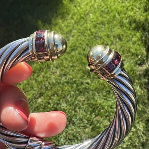 David Yurman Sterling Silver 14K Gold Garnet Hinged Cable Cuff Bracelet