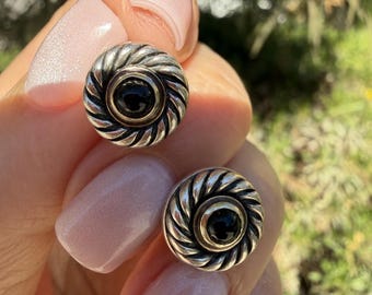 David Yurman Cookie Stud Earrings – Sterling Silver & 14K Gold with Onyx – 11.6mm