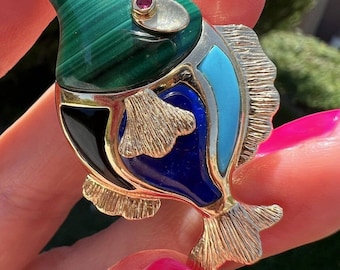 18K Gold Malachite Turquoise Lapis Onyx Fish Brooch 11.5 gram