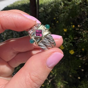 Bold Vintage Sterling Silver & 14K Gold Ring – Pink Tourmaline and Green Chalcedony – Size 8