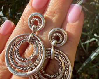 David Yurman Sterling Silver and Diamond Stax Drop Post Earrings 1.5" 0.33cttw