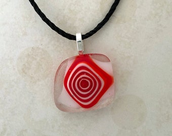 Fused Glass Pendant, Red and white with transparent cap