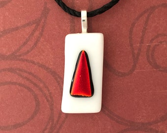 Fused Glass Pendant, White and black with raised red dichroic triangle tree shape