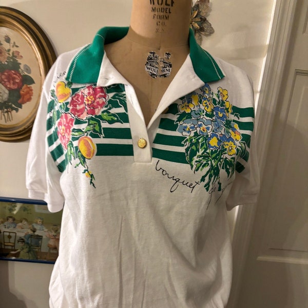 Vintage 80s Teddi brand green collared preppy yuppy top gold buttons bouquet de pensees floral striped top