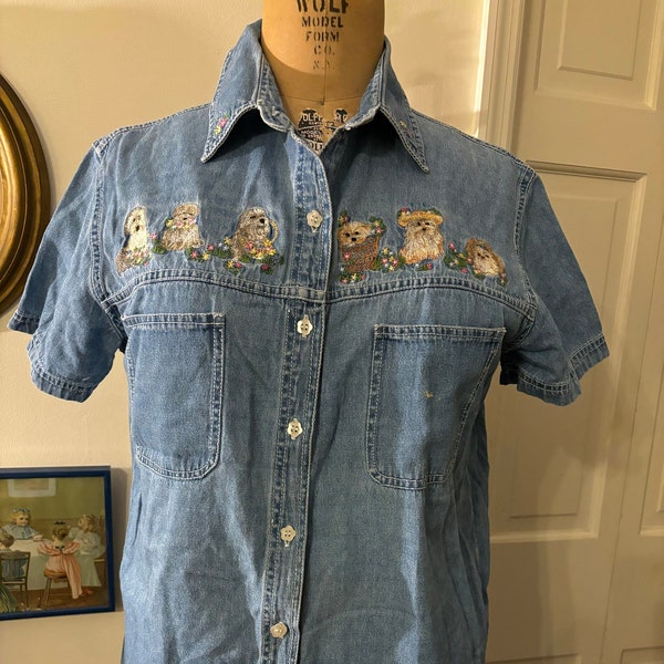 Vintage 90s stone washed jean colored button down Solutions Original top embroidered with dogs and flowers