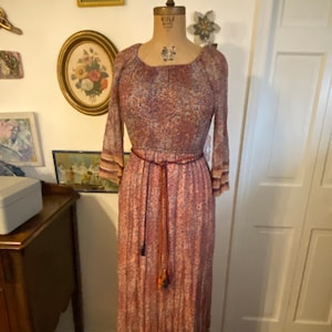 Vintage boho 70s A.J Bari autumn chiffon floral peasant maxi dress hippie core earth tones RN 50438 flower power blue brown orange