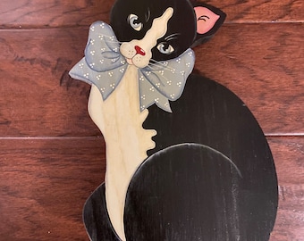 Adorable vintage country farmhouse style wooden black white cat blue ribbon with back stand