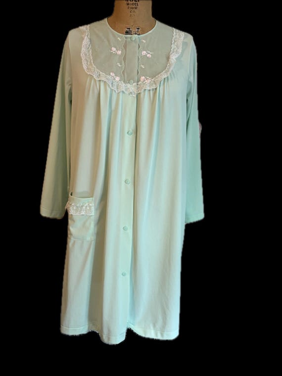 Vtg 60s mint green housedress pink flower buds la… - image 2
