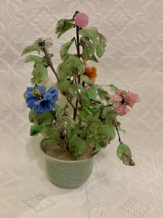 MCM Italian Jade colored glass flowering bonsai tree sculpture
