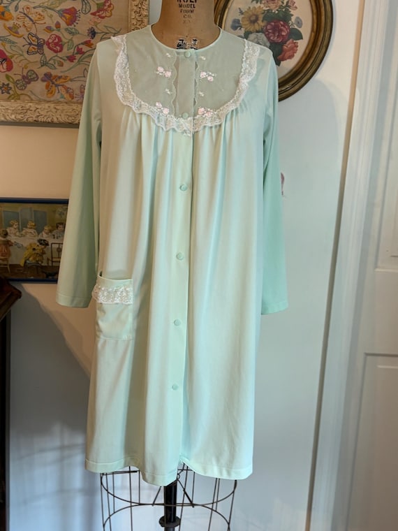 Vtg 60s mint green housedress pink flower buds la… - image 7