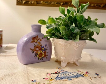 Lot MCM Jeannette Shell Pink Milk Glass Footed Candy Dish no lid purple decoupaged flower vase gifts for two