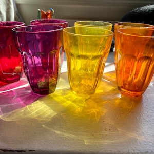 Set of 7 rainbow Vintage mid century jewel toned Vintage Palaks Pasabahce Juice Glass MultiColored Made In Turkey