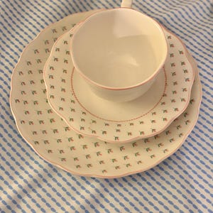May include: A white teacup and saucer set with a delicate floral pattern in pink and green. The set has a scalloped edge.
