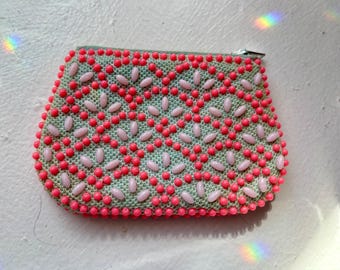 Vtg corde pink beaded coin purse with zipper