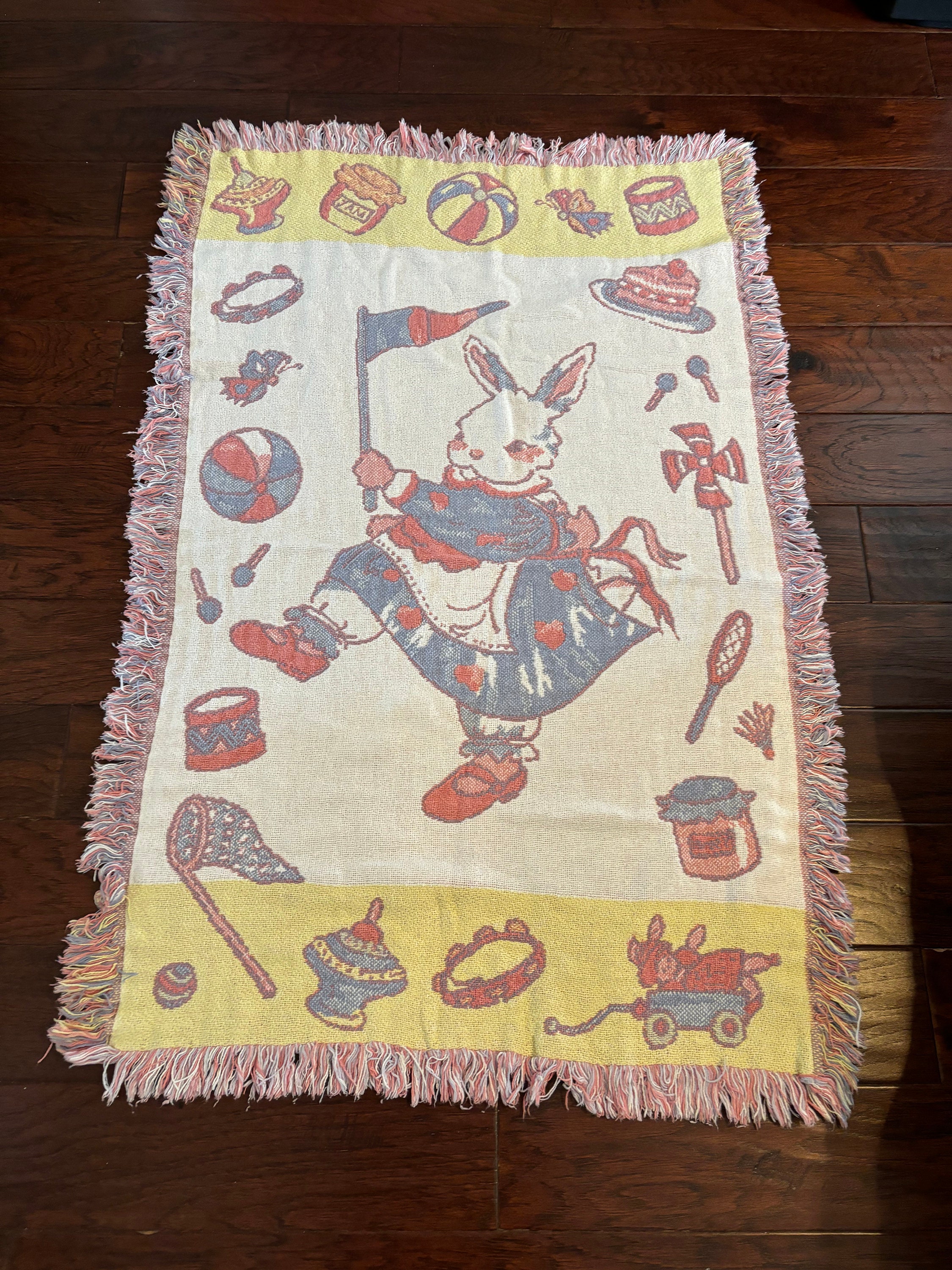Vintage Laura Ashley Mother and Child Bunny Blanket W Fringes 90s